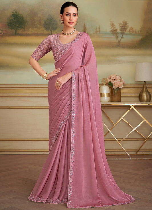 Georgette Dusty Pink Party Wear Embroidery Work Saree 386389