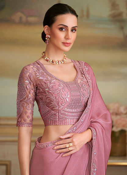 Georgette Dusty Pink Party Wear Embroidery Work Saree 386389