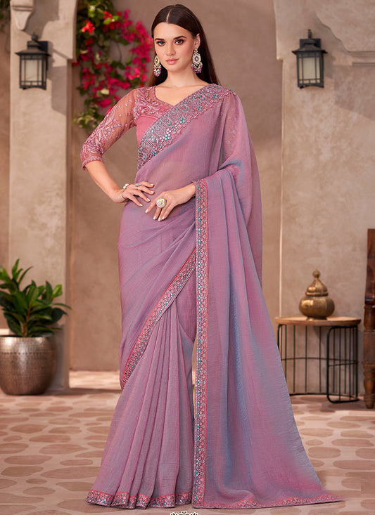 Georgette Dusty Pink Saree with Linen Work for Bridal Wear 380646
