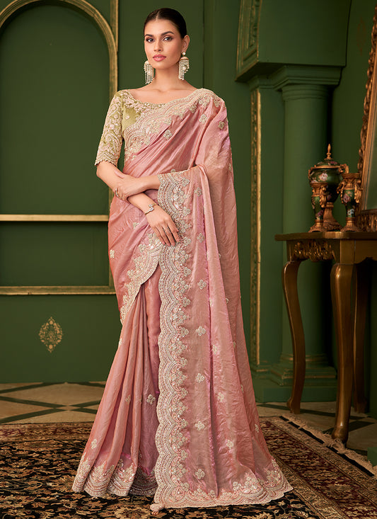 Georgette Silk Dusty Pink Wedding Wear Zari Embroidery Work Saree 386646