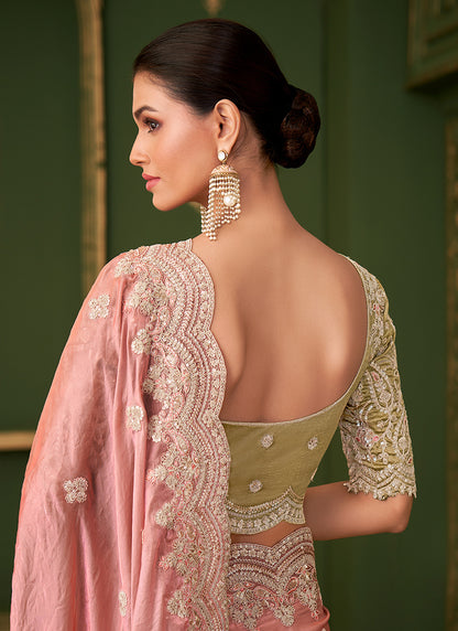 Georgette Silk Dusty Pink Wedding Wear Zari Embroidery Work Saree 386646