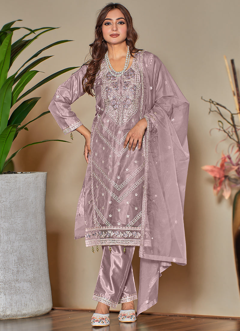 Heavy Organza Dusty Pink Eid Wear Embroidery Work Pakistani Suit 388306