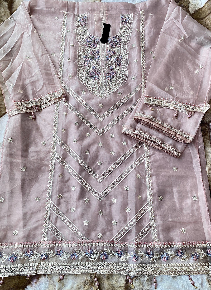 Heavy Organza Dusty Pink Eid Wear Embroidery Work Pakistani Suit 388306