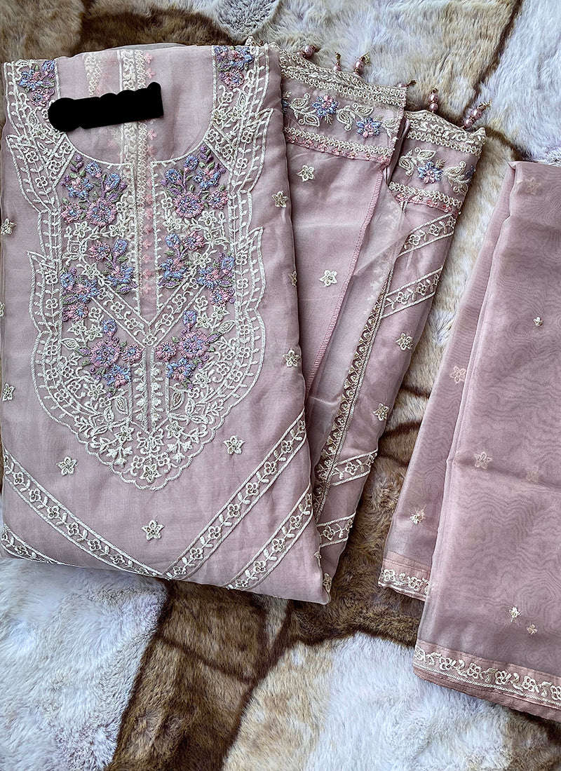 Heavy Organza Dusty Pink Eid Wear Embroidery Work Pakistani Suit 388306