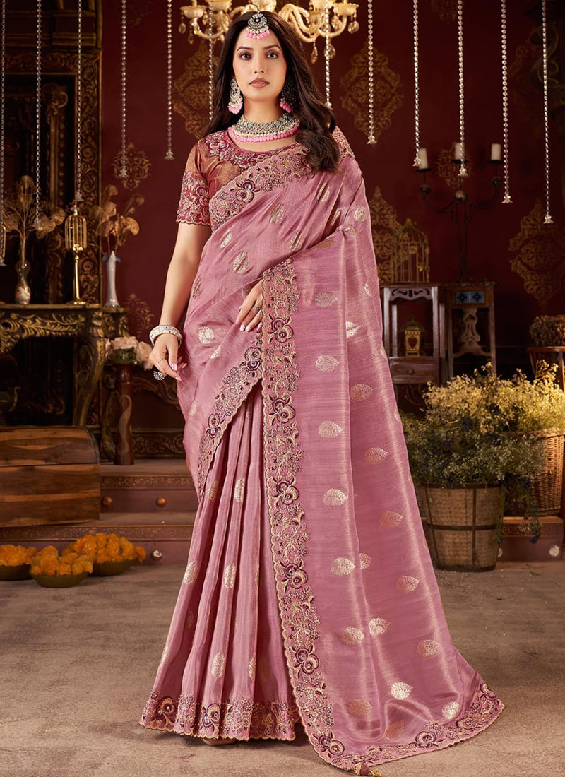 Jacquard Tissue Silk Dusty Pink Wedding Wear Border Work Wedding Saree 387802