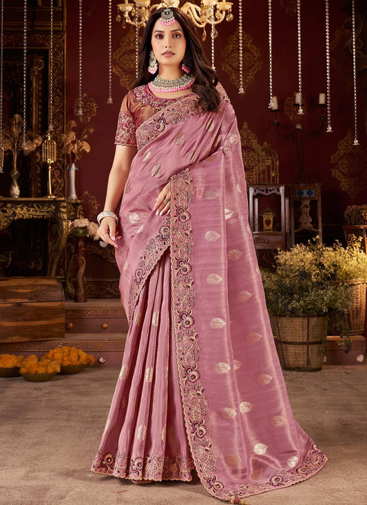 Jacquard Tissue Silk Dusty Pink Wedding Wear Border Work Wedding Saree 387802