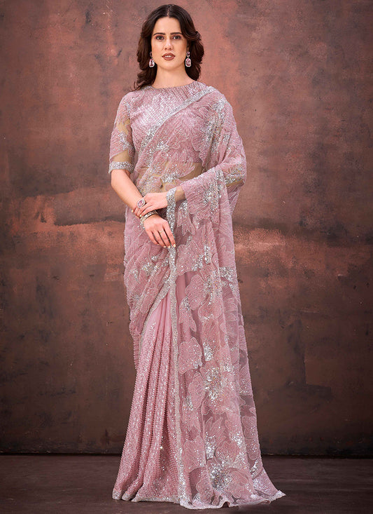 Jimmy Choo Dusty Pink Wedding Wear Bead Work Ready To Wear Saree 387524