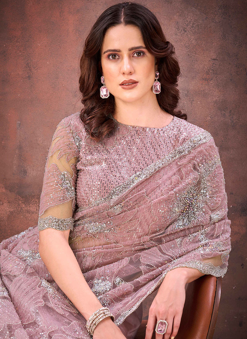 Jimmy Choo Dusty Pink Wedding Wear Bead Work Ready To Wear Saree 387524