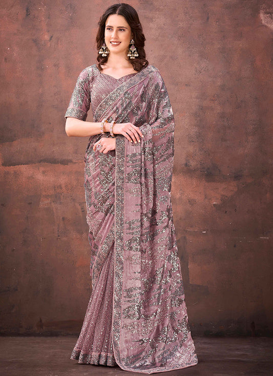 Jimmy Choo Dusty Pink Wedding Wear Bead Work Ready To Wear Saree 387531