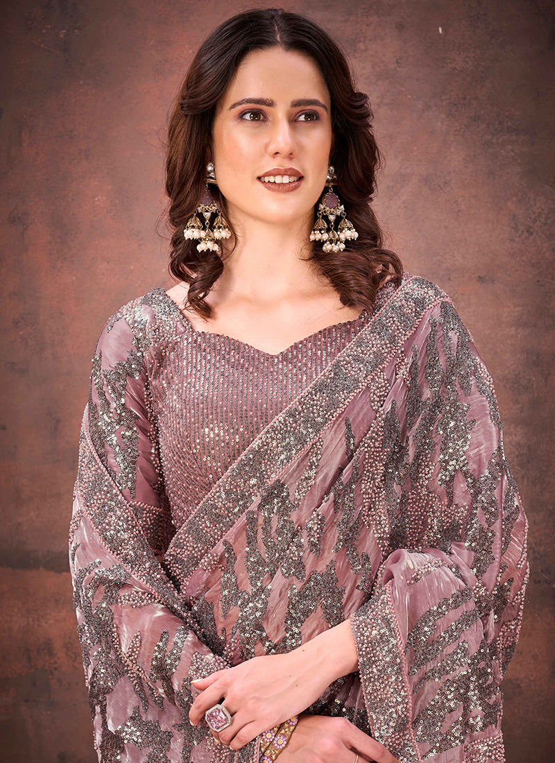 Jimmy Choo Dusty Pink Wedding Wear Bead Work Ready To Wear Saree 387531