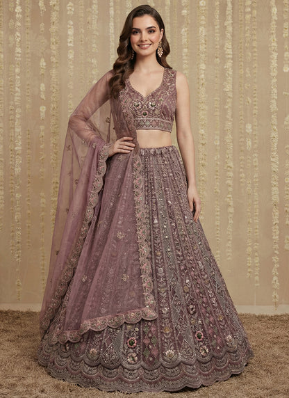 Dusty Pink Net Embroidery Work Bridal Wear Lehenga Choli SW494699