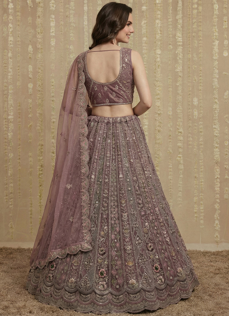 Dusty Pink Net Embroidery Work Bridal Wear Lehenga Choli SW494699