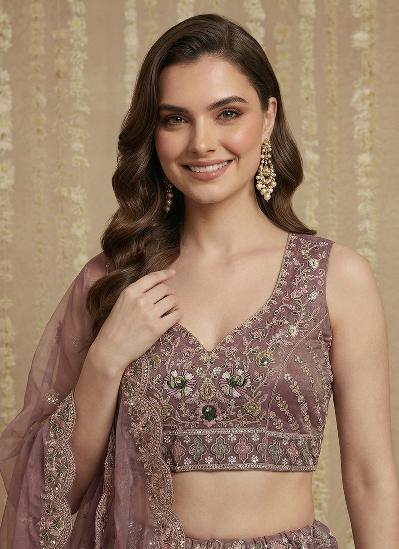Dusty Pink Net Embroidery Work Bridal Wear Lehenga Choli SW494699