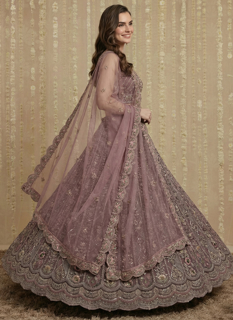 Dusty Pink Net Embroidery Work Bridal Wear Lehenga Choli SW494699