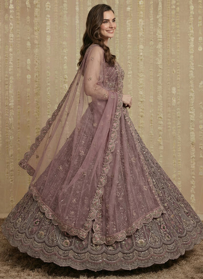 Dusty Pink Net Embroidery Work Bridal Wear Lehenga Choli SW494699