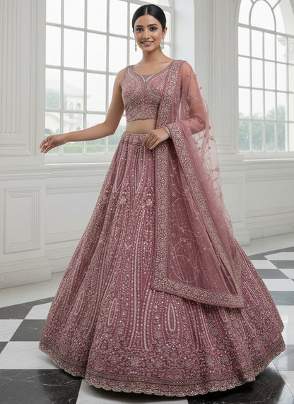 Net Dusty Pink Wedding Wear Embroidery Work Lehenga Choli 387448