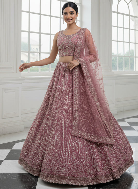 Net Dusty Pink Wedding Wear Embroidery Work Lehenga Choli 387448