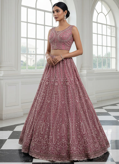 Net Dusty Pink Wedding Wear Embroidery Work Lehenga Choli 387448
