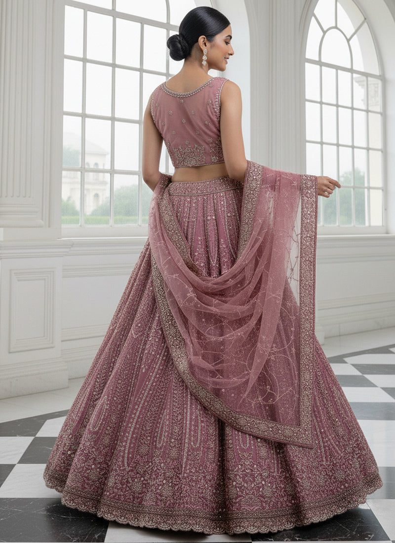 Net Dusty Pink Wedding Wear Embroidery Work Lehenga Choli 387448