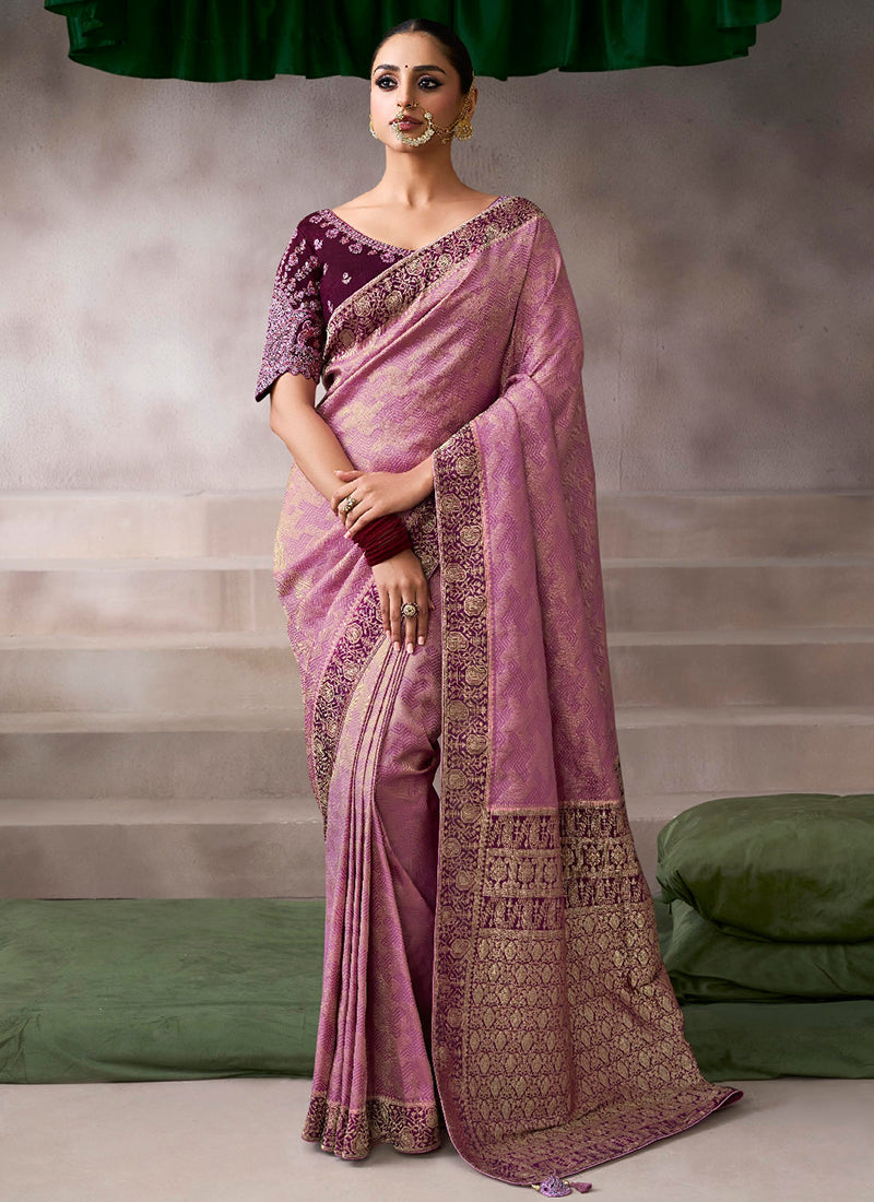 Pure Crepe Dusty Pink Wedding Wear Heavy Work Wedding Saree 387280