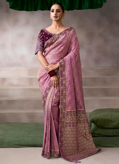Pure Crepe Dusty Pink Wedding Wear Heavy Work Wedding Saree 387280