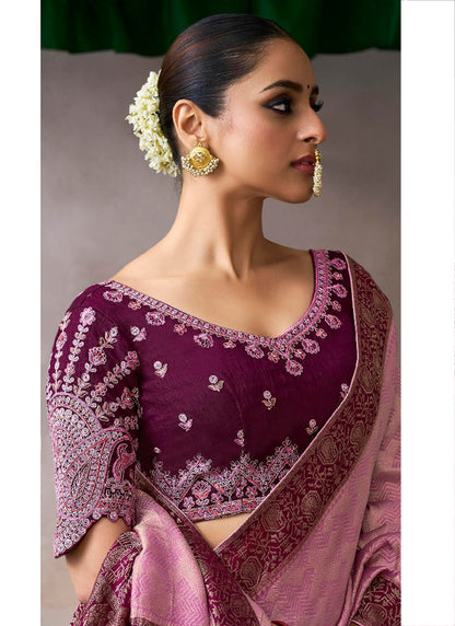 Pure Crepe Dusty Pink Wedding Wear Heavy Work Wedding Saree 387280