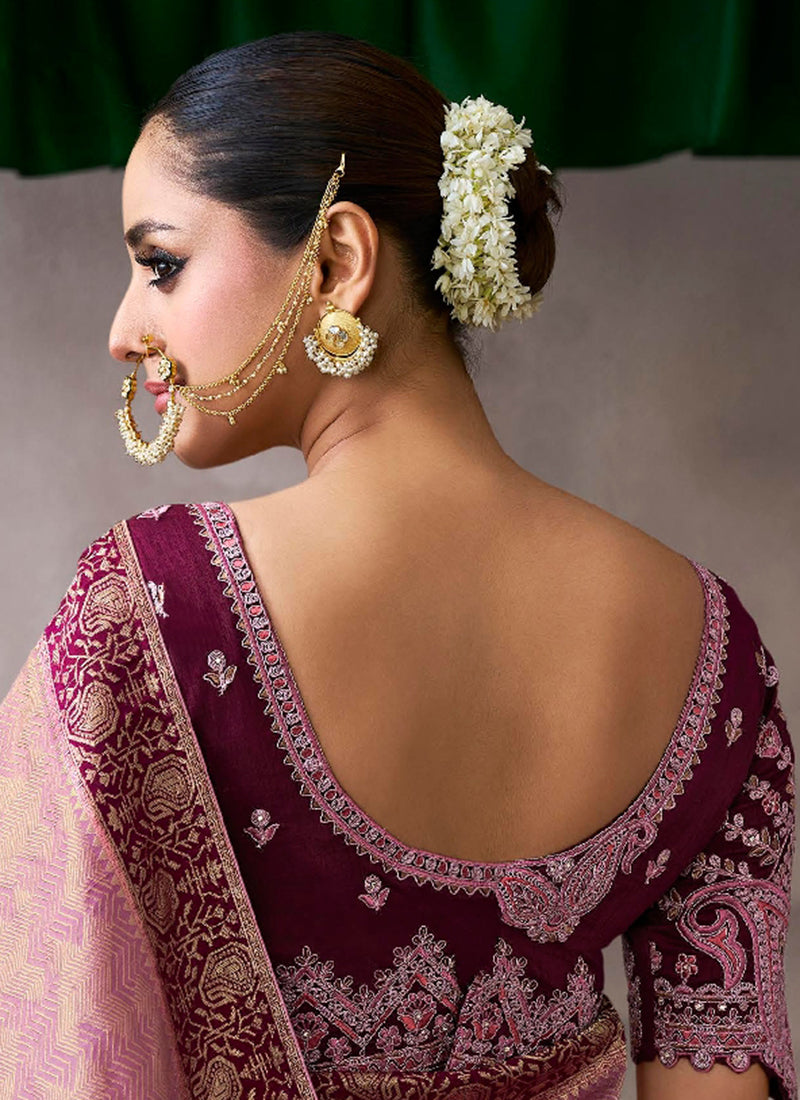 Pure Crepe Dusty Pink Wedding Wear Heavy Work Wedding Saree 387280