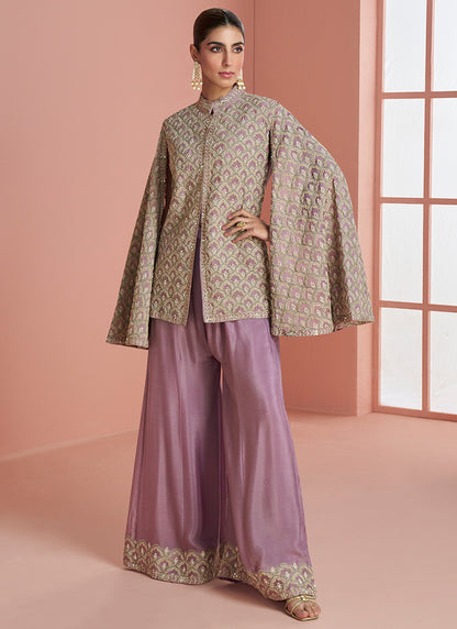 Real Chinon Silk Dusty Pink Party Wear Embroidery Work Readymade Plazzo Suit 386664