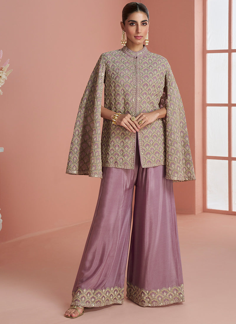 Real Chinon Silk Dusty Pink Party Wear Embroidery Work Readymade Plazzo Suit 386664