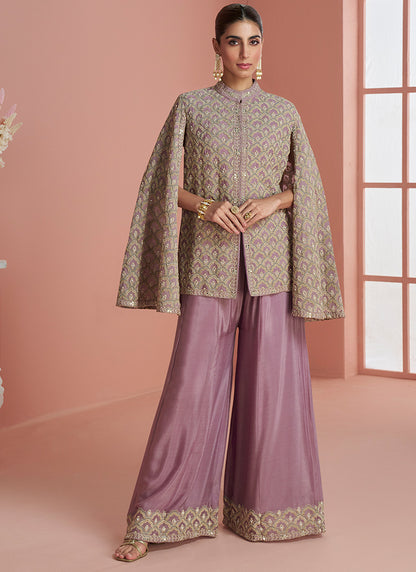 Real Chinon Silk Dusty Pink Party Wear Embroidery Work Readymade Plazzo Suit 386664