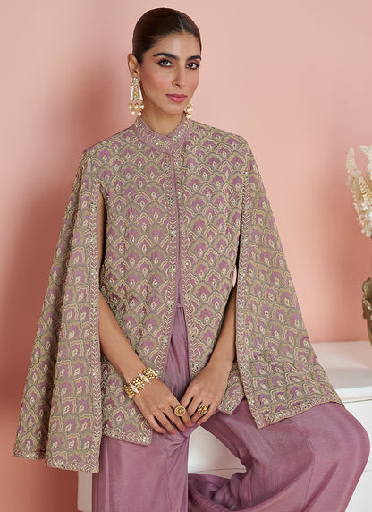 Real Chinon Silk Dusty Pink Party Wear Embroidery Work Readymade Plazzo Suit 386664