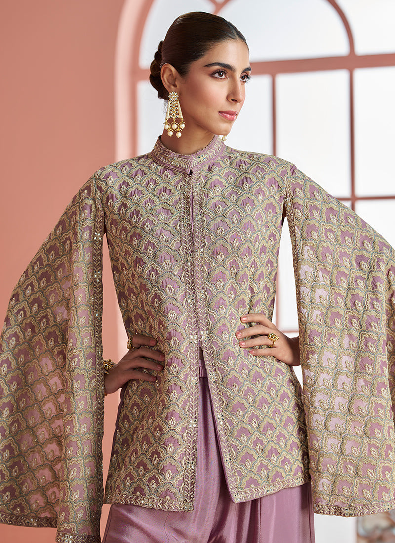 Real Chinon Silk Dusty Pink Party Wear Embroidery Work Readymade Plazzo Suit 386664