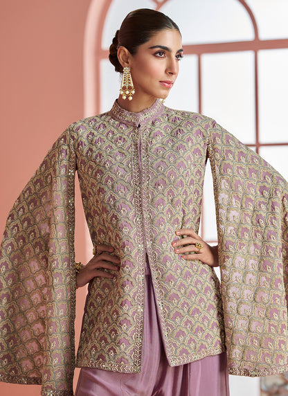 Real Chinon Silk Dusty Pink Party Wear Embroidery Work Readymade Plazzo Suit 386664