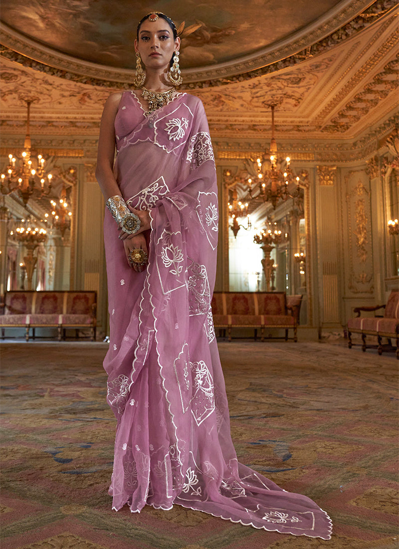 Ruby Chiffon Dusty Pink Festival Wear Thread Embroidery Work Designer Saree 388265