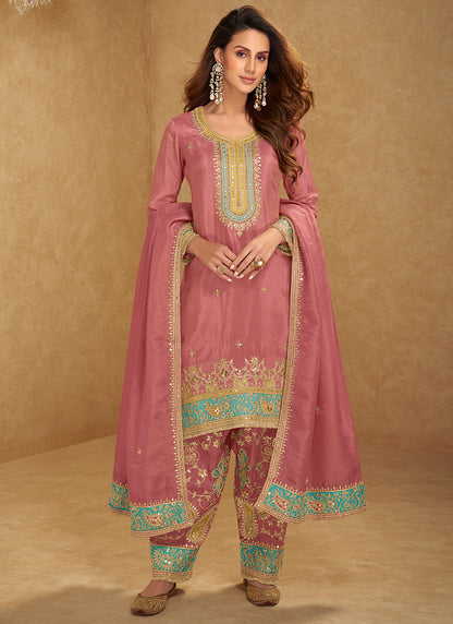 Shimmer Silk Dusty Pink Wedding Wear Embroidery Work Readymade Patiyala Suit 385431