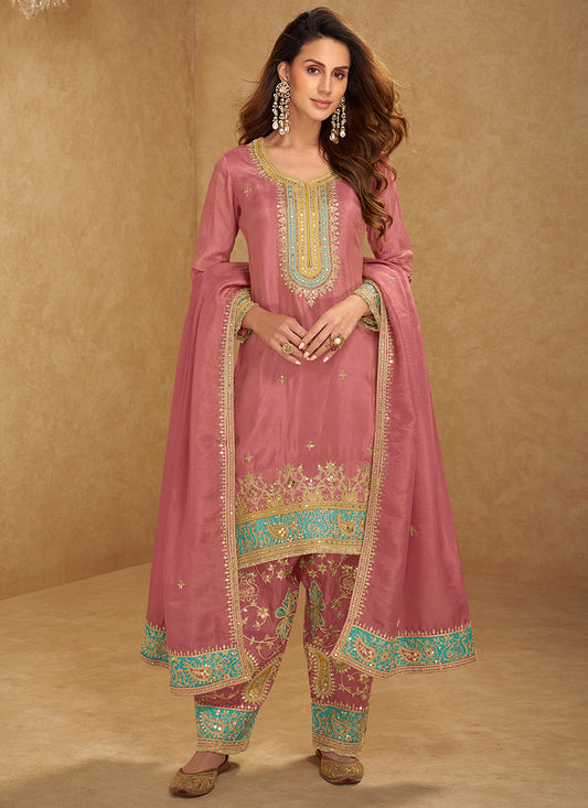Shimmer Silk Dusty Pink Wedding Wear Embroidery Work Readymade Patiyala Suit 385431