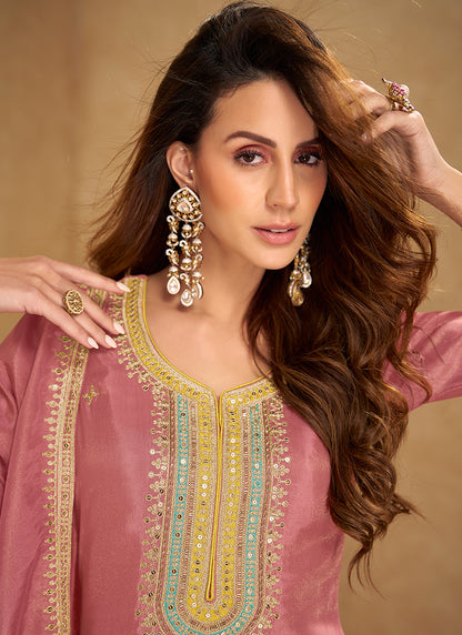 Shimmer Silk Dusty Pink Wedding Wear Embroidery Work Readymade Patiyala Suit 385431
