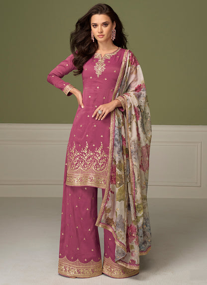 Shimmer Silk Dusty Pink Wedding Wear Zari Work Readymade Palazzo Suit 384989
