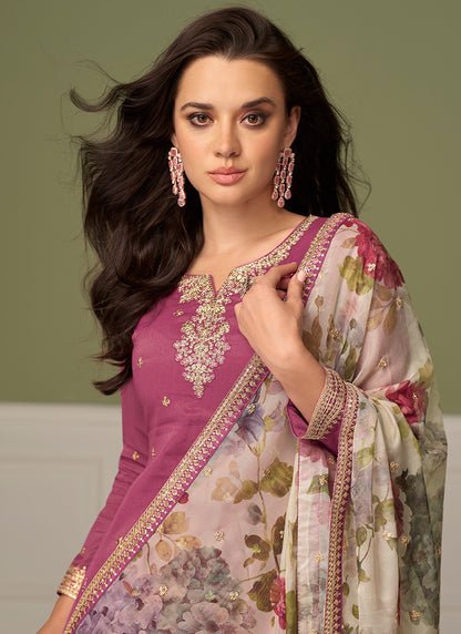 Shimmer Silk Dusty Pink Wedding Wear Zari Work Readymade Palazzo Suit 384989