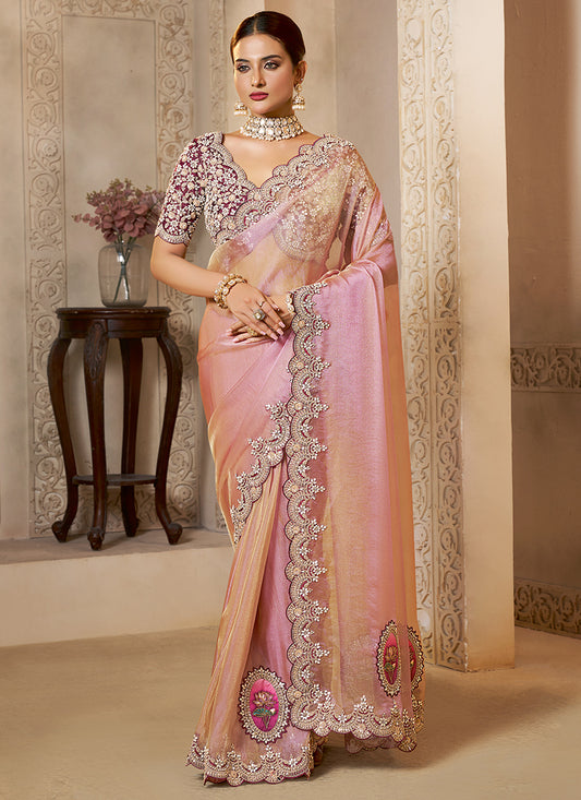 Silk Dusty Pink Wedding Wear Embroidery Work Saree 386113