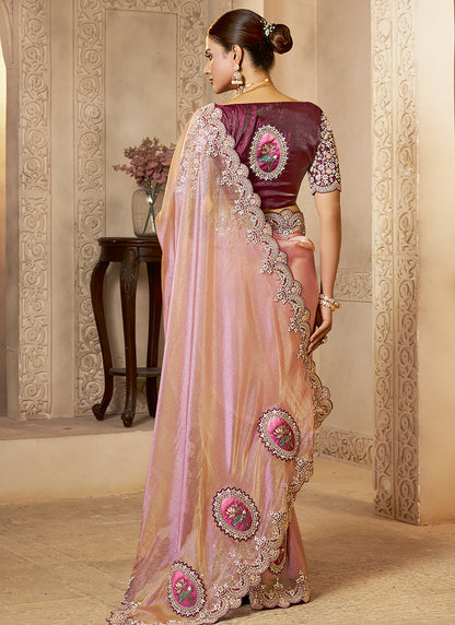 Silk Dusty Pink Wedding Wear Embroidery Work Saree 386113