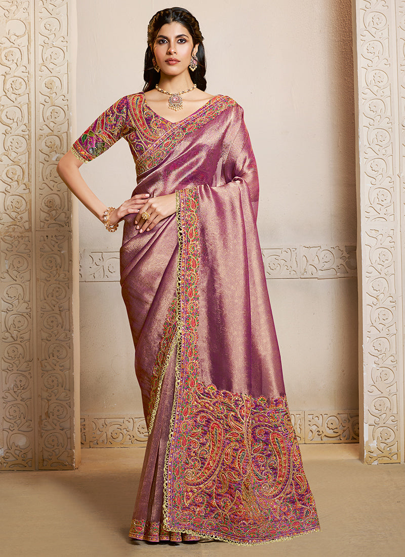 Silk Dusty Pink Wedding Wear Embroidery Work Saree 386116
