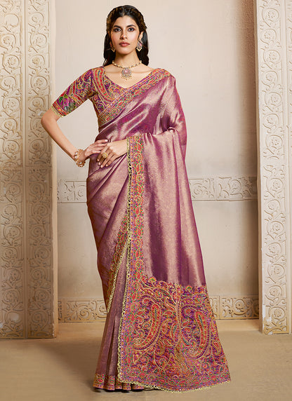 Silk Dusty Pink Wedding Wear Embroidery Work Saree 386116