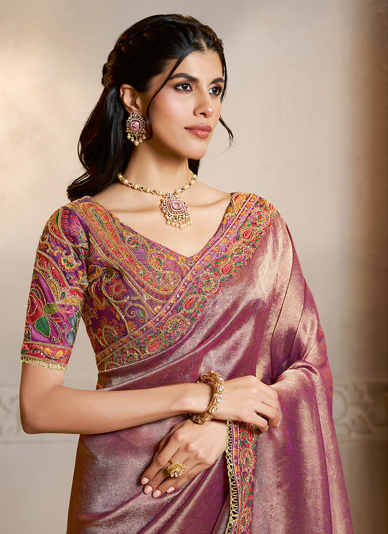 Silk Dusty Pink Wedding Wear Embroidery Work Saree 386116