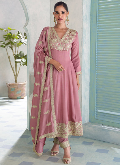 Silk Dusty Pink Wedding Wear Embroidery Work Readymade Anarkali Suit 385175