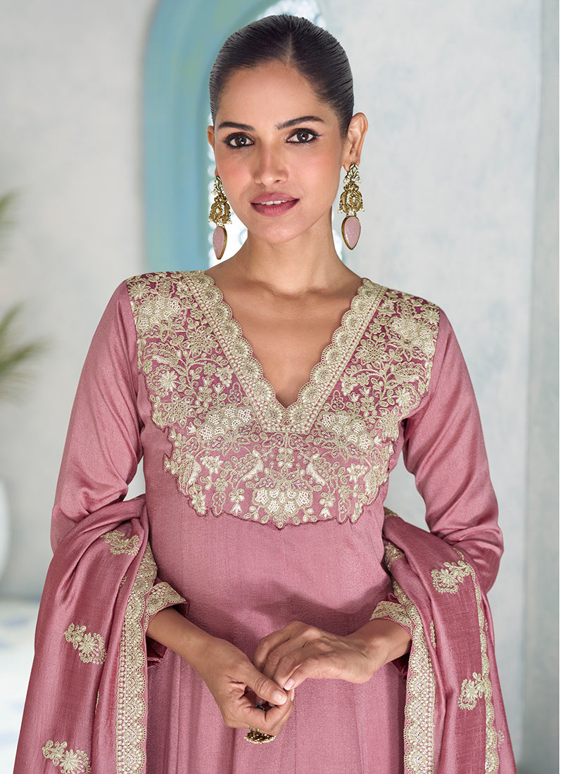 Silk Dusty Pink Wedding Wear Embroidery Work Readymade Anarkali Suit 385175