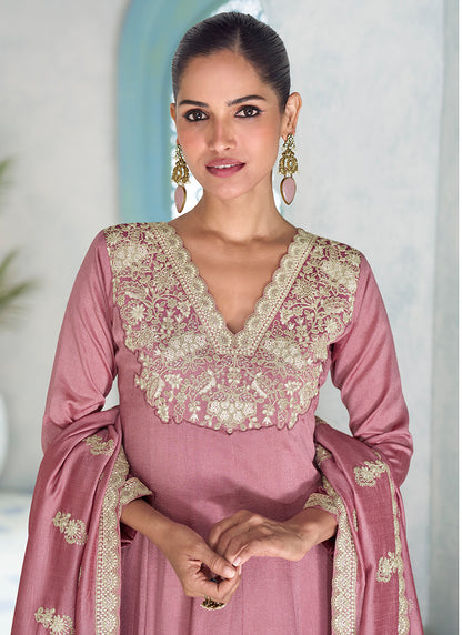 Silk Dusty Pink Wedding Wear Embroidery Work Readymade Anarkali Suit 385175