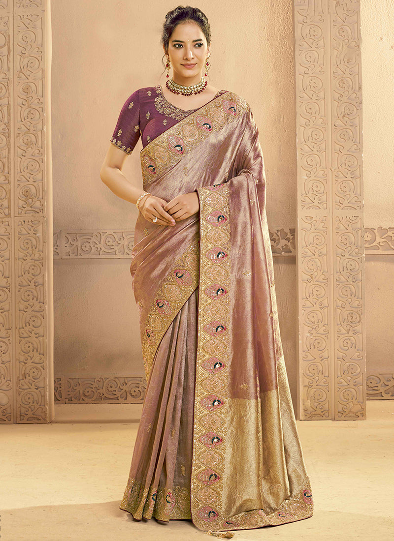 Tissue Silk Dusty Pink Wedding Wear Hand Work Ethnic Wedding Saree 386408