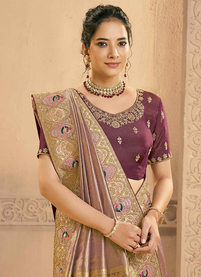 Tissue Silk Dusty Pink Wedding Wear Hand Work Ethnic Wedding Saree 386408