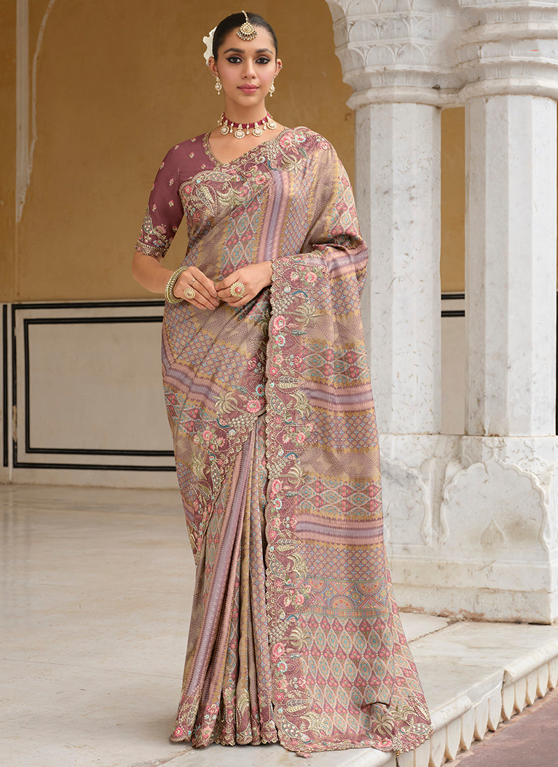 Zari Silk Dusty Pink Wedding Wear Embroidery Khatil Work Wedding Saree 388435